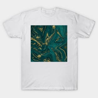 Gold Faux Glitter & Teal Green Marble Abstract Art T-Shirt